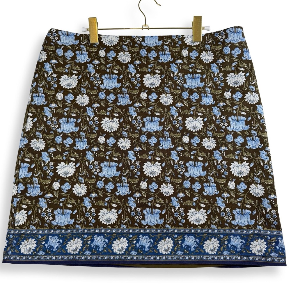 Talbots Brown Blue Floral Cotton Stretch Straight Knee Skirt Womens Size 16 Fall